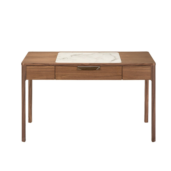 Walnut dressing table with glossy white and gray marble-look glass top