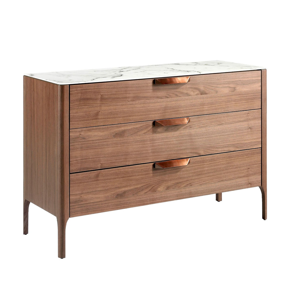 Walnut chest of drawers with marble-effect glass top