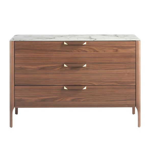 Walnut chest of drawers with marble-effect glass top
