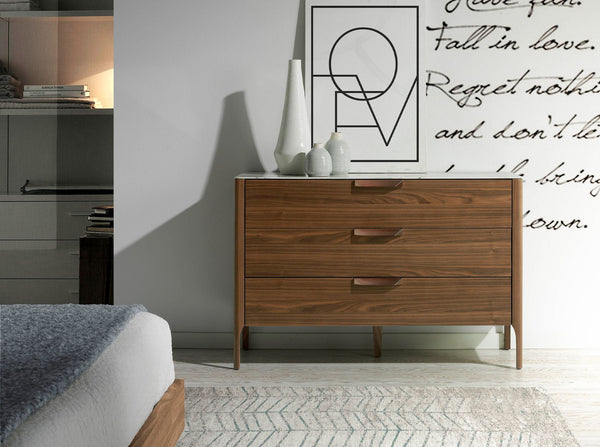 Walnut chest of drawers with marble-effect glass top