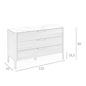 Walnut chest of drawers with marble-effect glass top