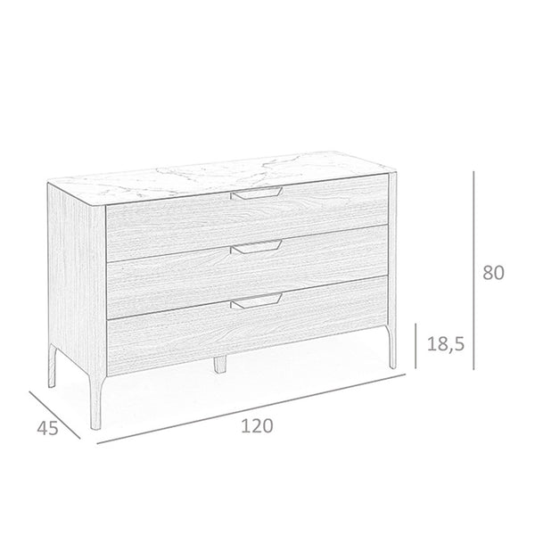 Walnut chest of drawers with marble-effect glass top