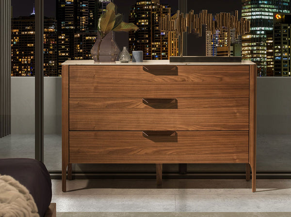 Walnut chest of drawers with marble-effect glass top