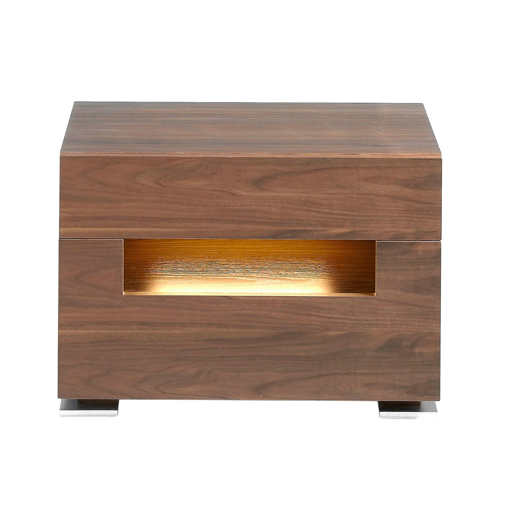 Walnut and polished steel bedside table with interior lighting