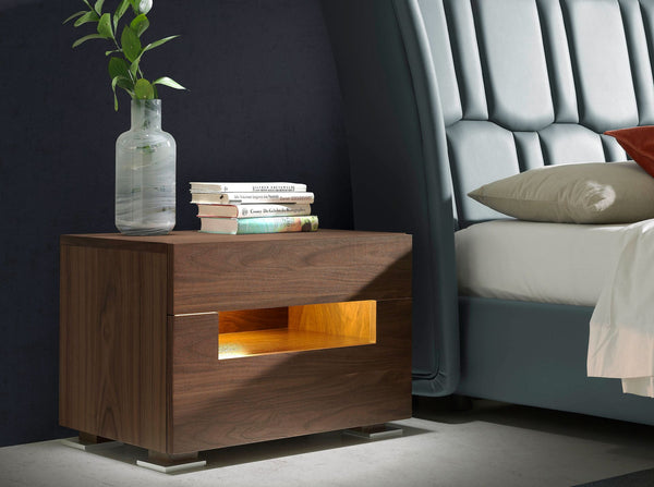 Walnut and polished steel bedside table with interior lighting