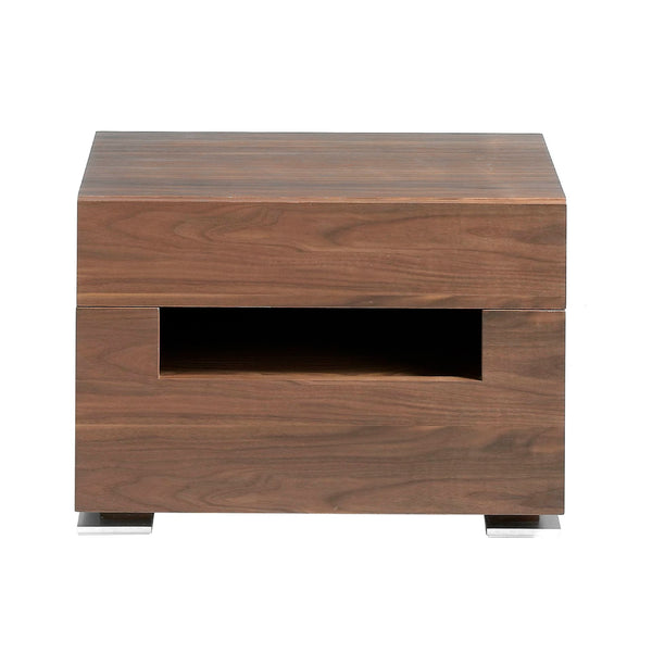 Walnut and polished steel bedside table with interior lighting