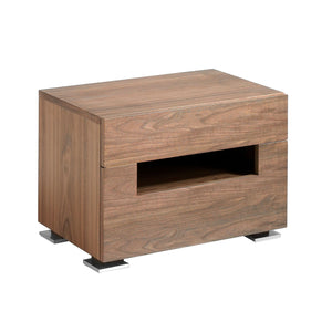 Walnut and polished steel bedside table with interior lighting