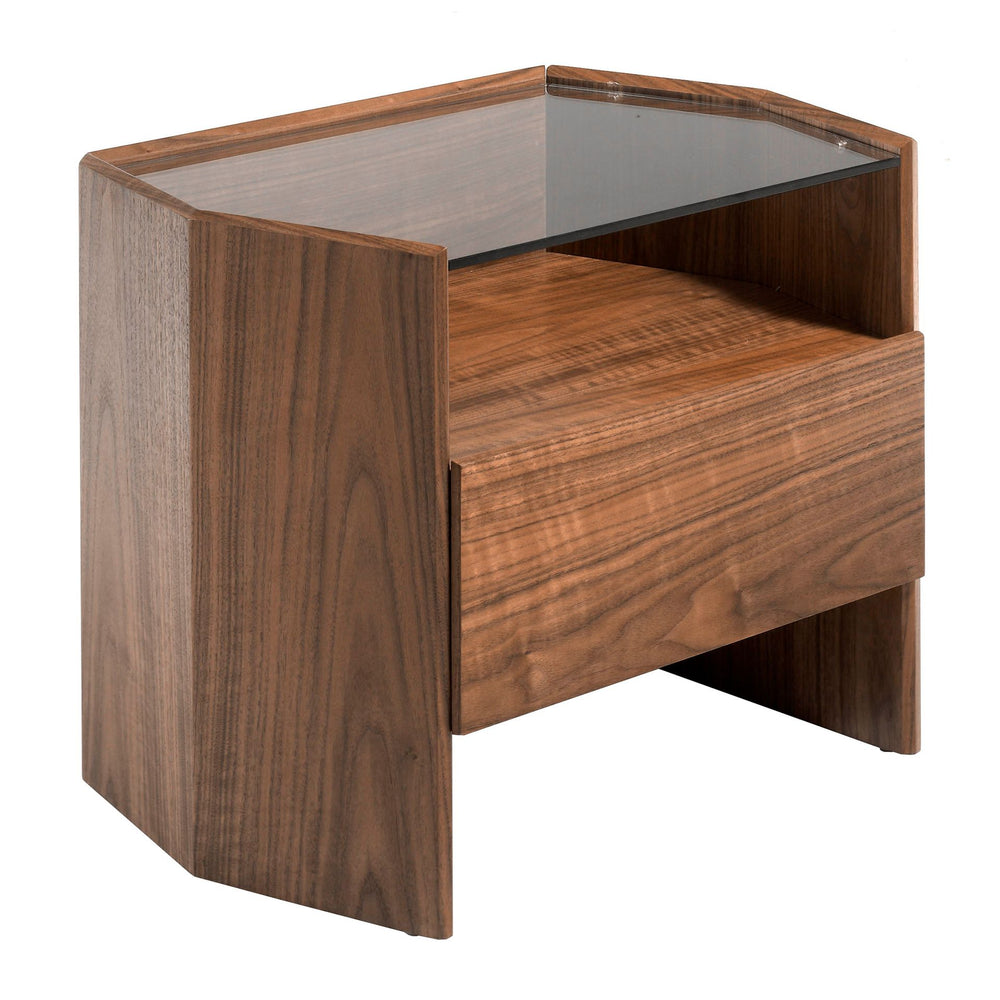 Walnut bedside table with tempered glass top