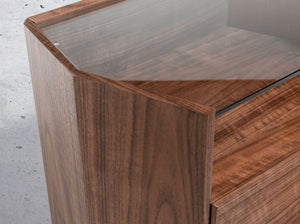 Walnut bedside table with tempered glass top