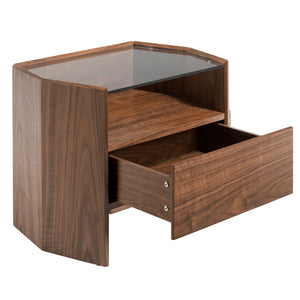 Walnut bedside table with tempered glass top