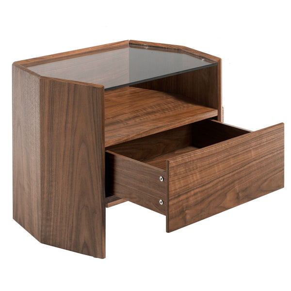 Walnut bedside table with tempered glass top