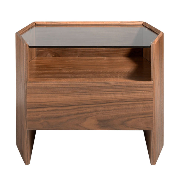 Walnut bedside table with tempered glass top