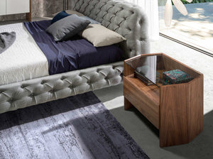 Walnut bedside table with tempered glass top