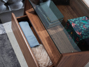 Walnut bedside table with tempered glass top