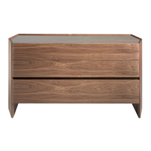 Walnut chest of drawers with tempered glass top
