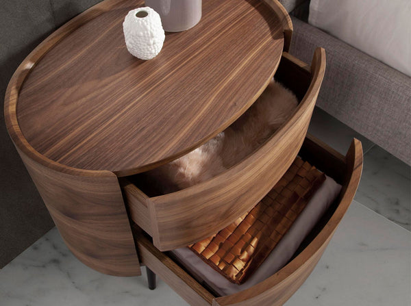 Bedside table in walnut and black steel