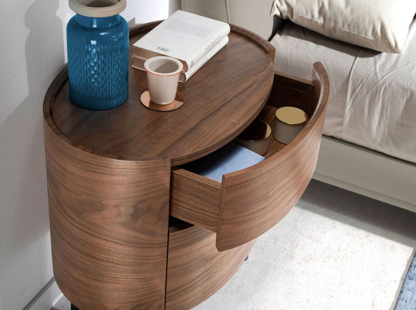 Bedside table in walnut and black steel