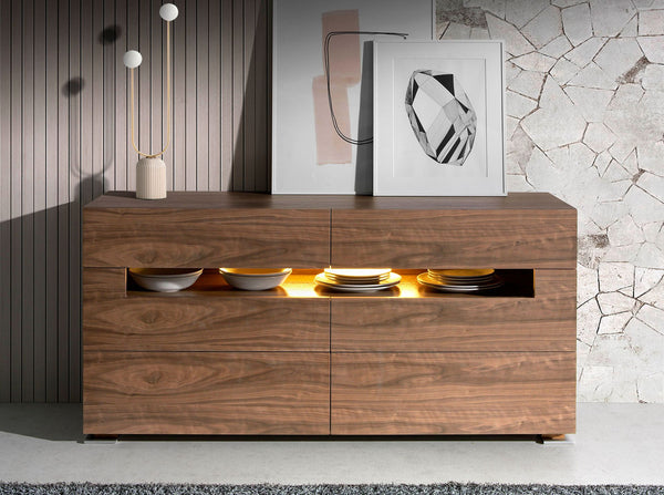 Walnut and polished steel sideboard with interior lighting