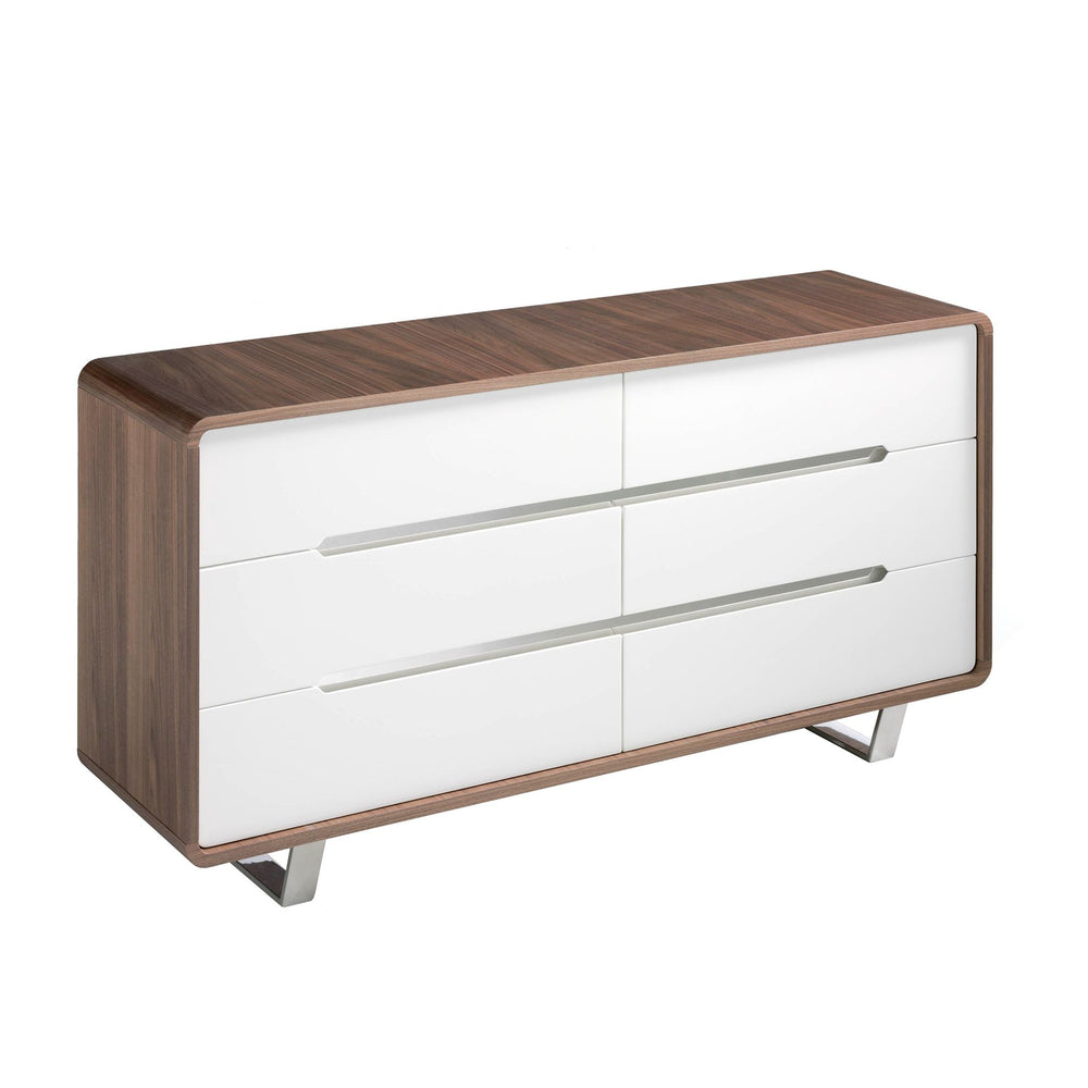 Chest of drawers in white wood, walnut and chromed steel