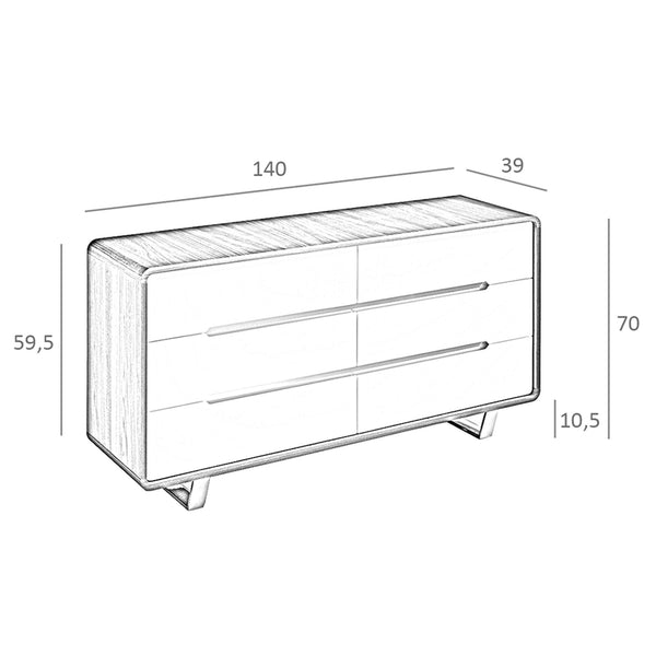 Chest of drawers in white wood, walnut and chromed steel
