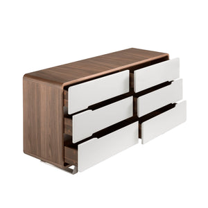 Chest of drawers in white wood, walnut and chromed steel