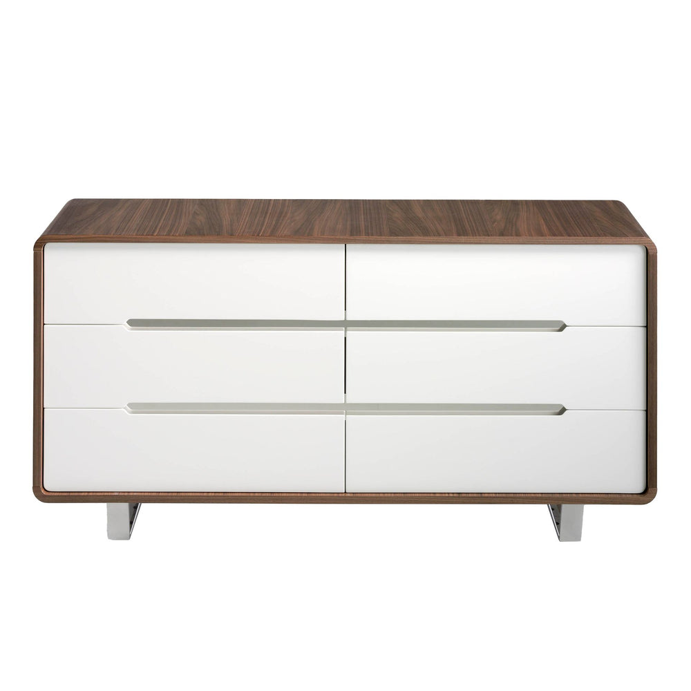Chest of drawers in white wood, walnut and chromed steel