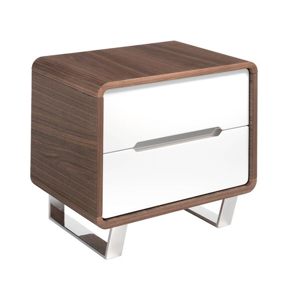 Bedside table in white wood, walnut and chromed steel