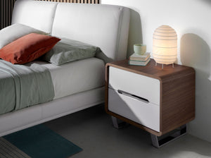 Bedside table in white wood, walnut and chromed steel