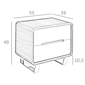 Bedside table in white wood, walnut and chromed steel