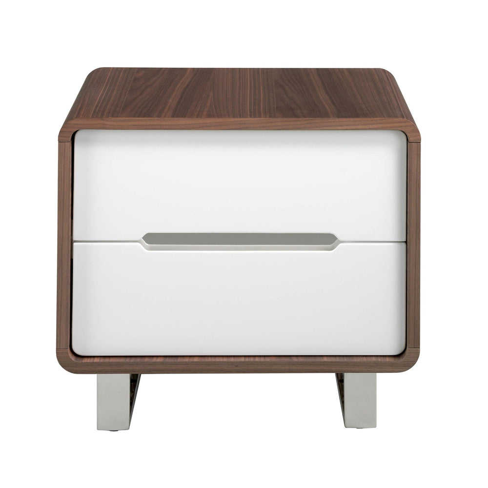 Bedside table in white wood, walnut and chromed steel