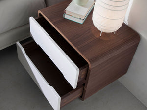 Bedside table in white wood, walnut and chromed steel