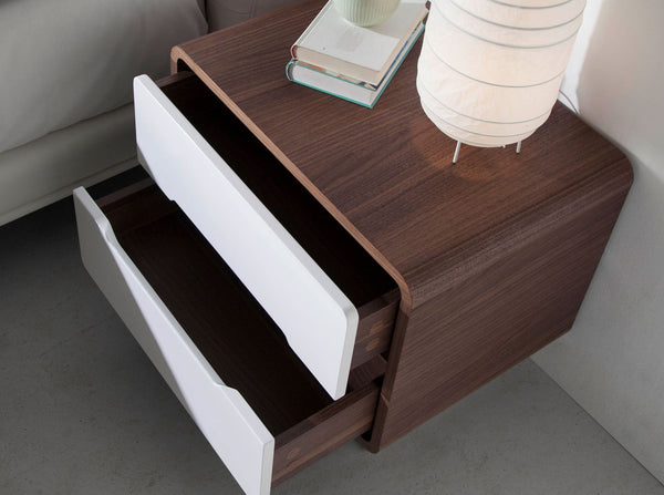 Bedside table in white wood, walnut and chromed steel