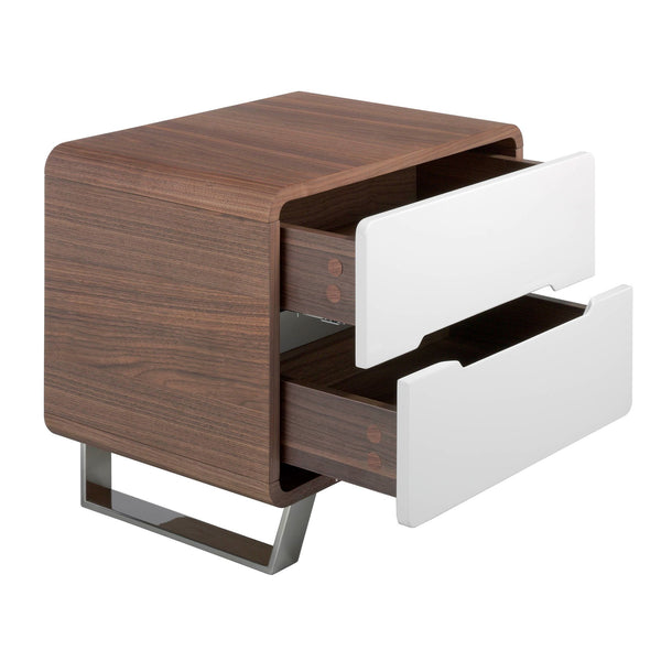 Bedside table in white wood, walnut and chromed steel