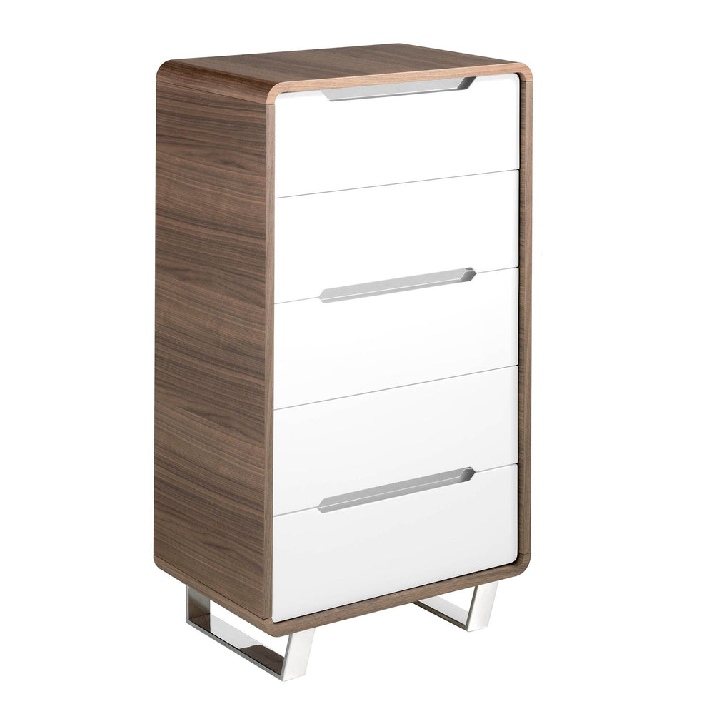 Chiffonier in white wood, walnut and chromed steel