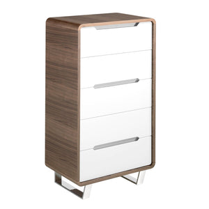 Chiffonier in white wood, walnut and chromed steel