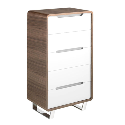 Chiffonier in white wood, walnut and chromed steel