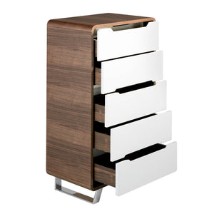 Chiffonier in white wood, walnut and chromed steel