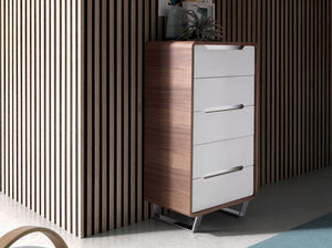 Chiffonier in white wood, walnut and chromed steel