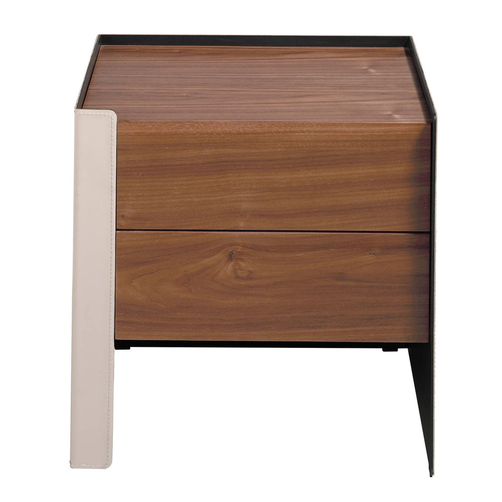 Bedside table in eco-leather, walnut and black steel
