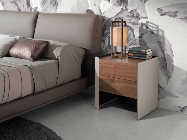 Bedside table in eco-leather, walnut and black steel