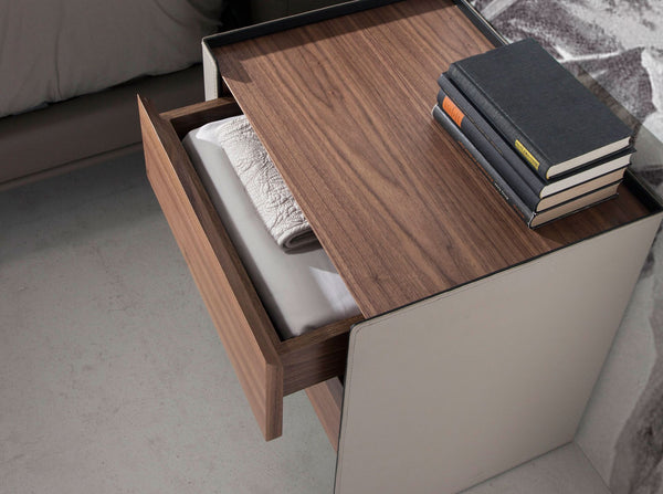 Bedside table in eco-leather, walnut and black steel