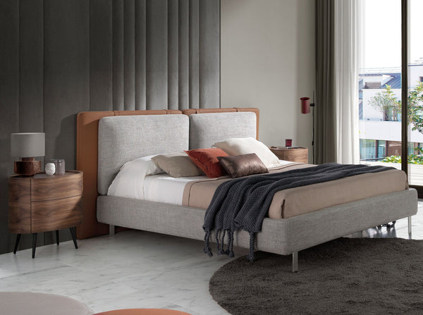 Brown eco-leather bed with gray fabric