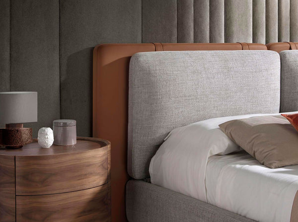 Brown eco-leather bed with gray fabric