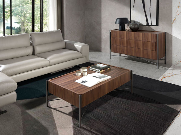 Chest of drawers in walnut and dark steel