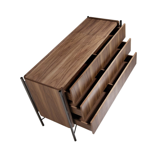 Chest of drawers in walnut and dark steel