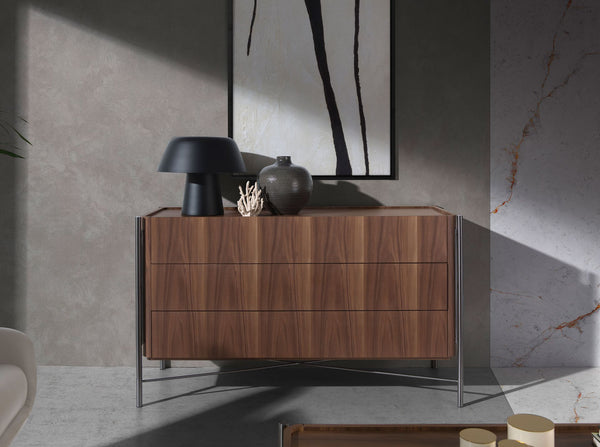 Chest of drawers in walnut and dark steel