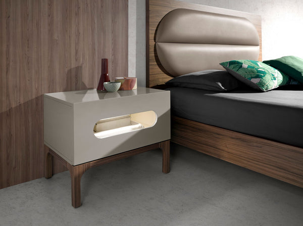 Walnut and gray bedside table with interior lighting
