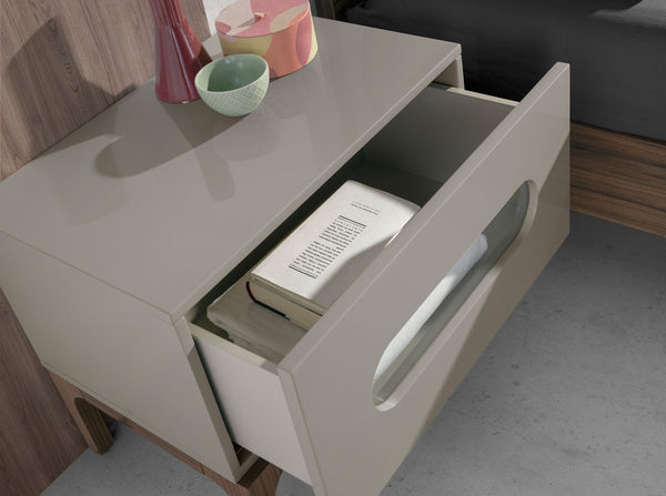 Walnut and gray bedside table with interior lighting