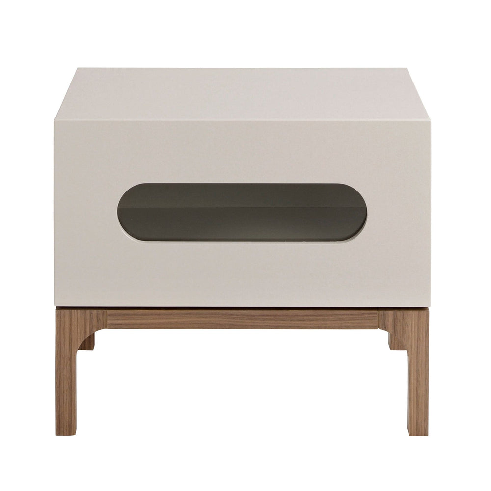 Walnut and gray bedside table with interior lighting