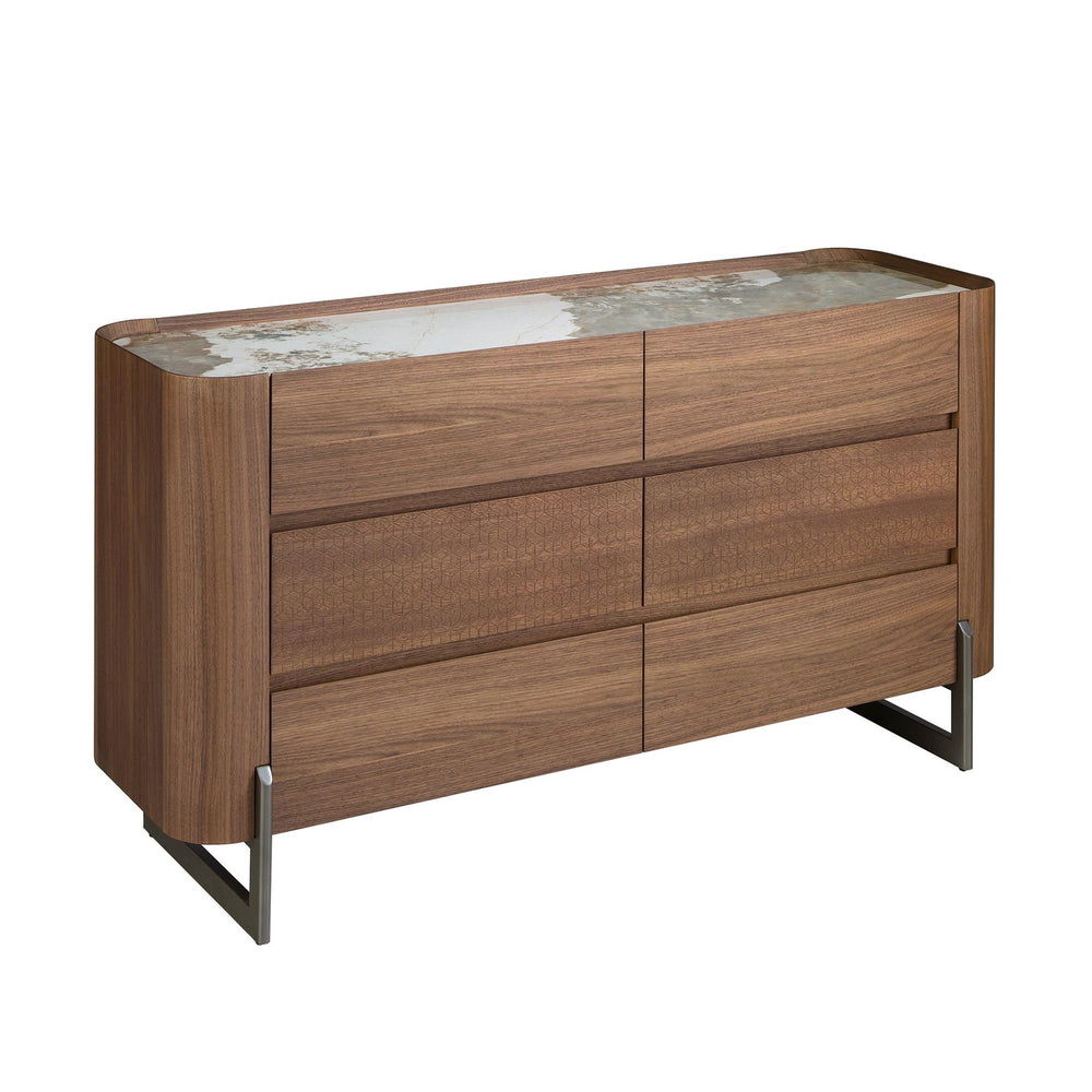 Chest of drawers in walnut and dark metallic steel with porcelain marble top